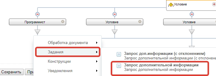 Добавление в бизнес-процесс действия Запрос дополнительной информации