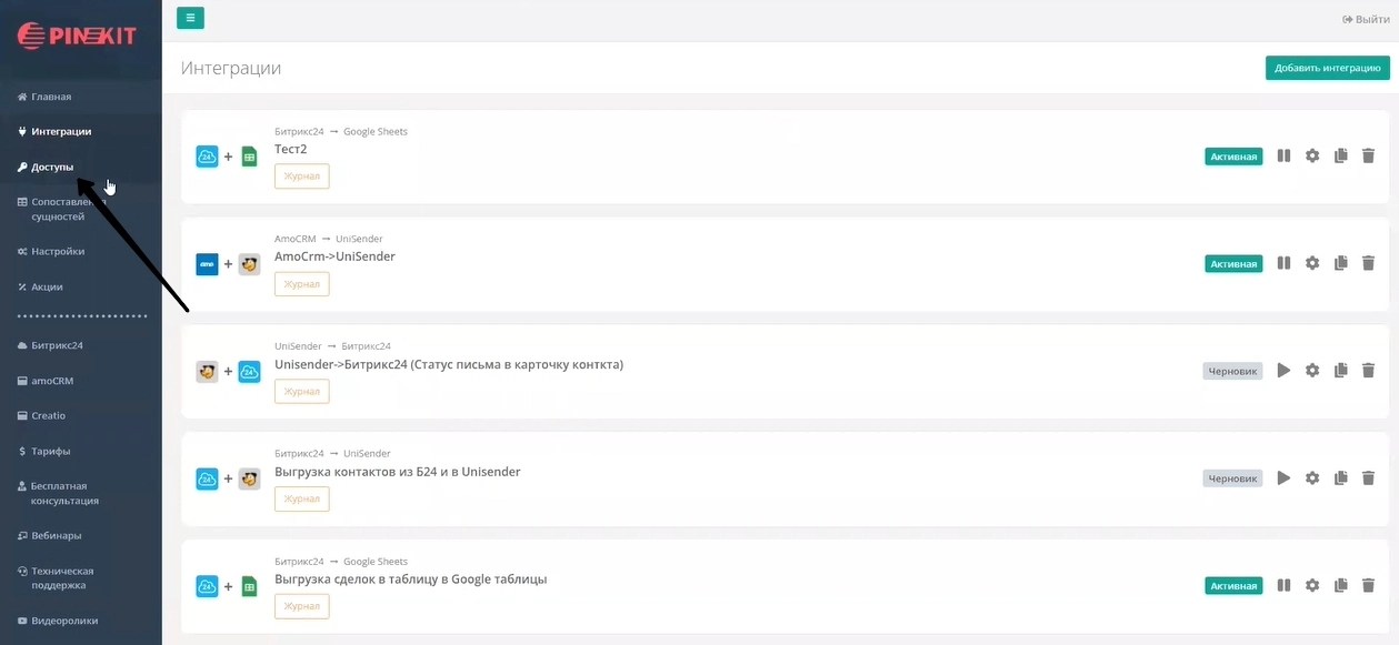 Доступы в Пинкит