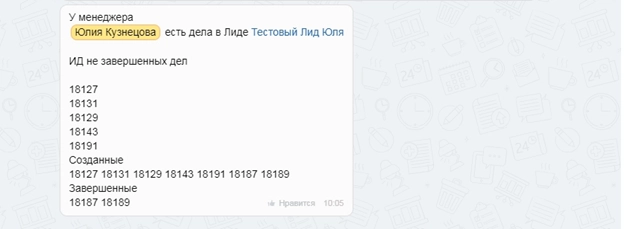 Уведомление в групповой чат руководителей