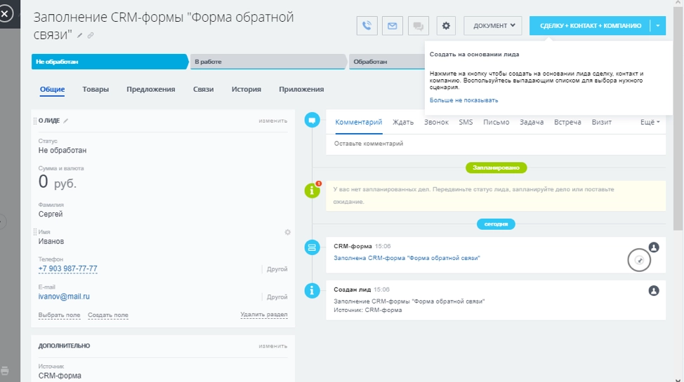 Вся информация, введенная в CRM-форму доступна в карточке созданной сущности Вся информация, введенная в CRM-форму доступна в карточке созданной сущности