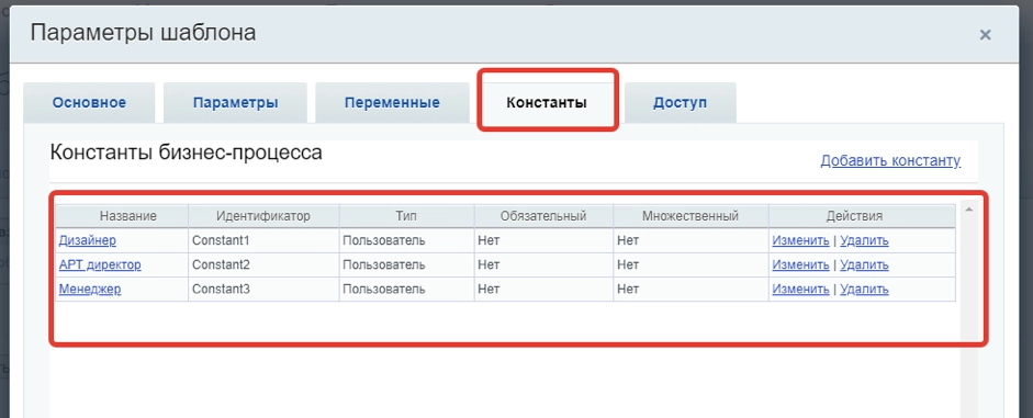 Участников процесса добавим через константы Участников процесса добавим через константы