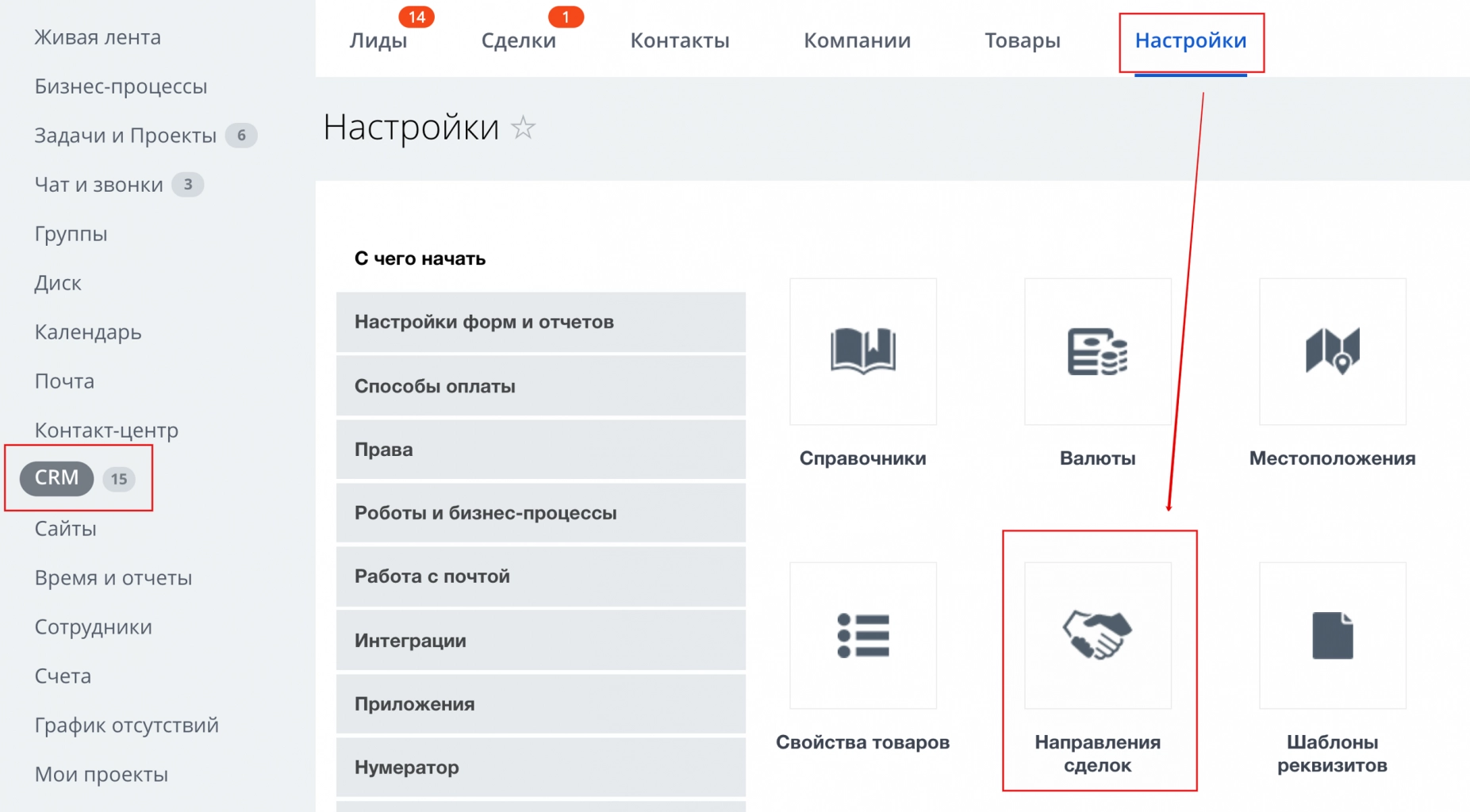 Воронка сделок в расширенных тарифах Битрикс24 может быть разбита на несколько направлений